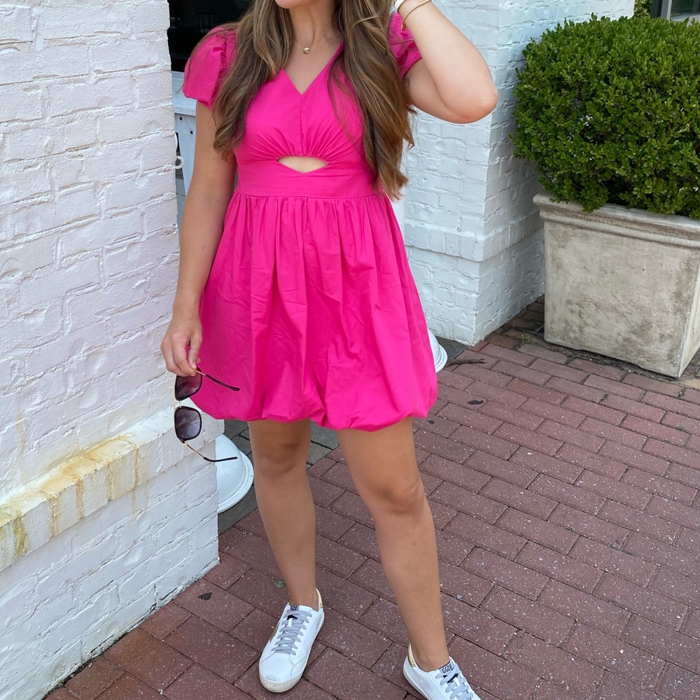 Pink Cut Out Puff Sleeve Dress